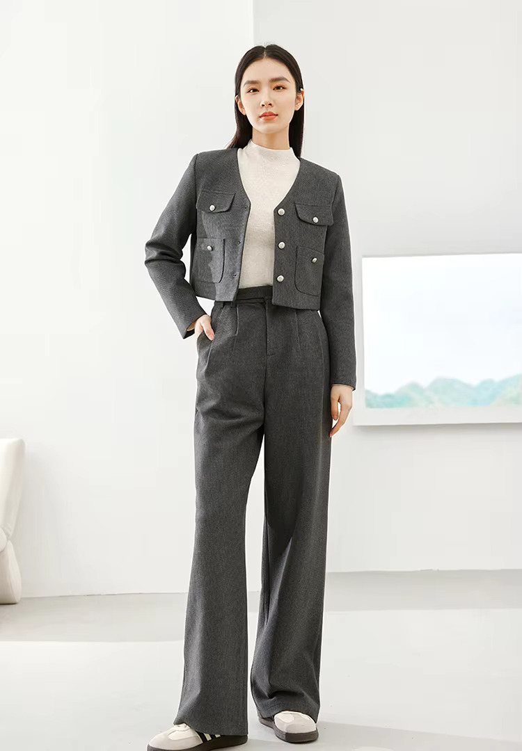 V-Neck Thick Cropped Two Pieces Elegant Wide Leg Pant Set And Jackets - Image 2
