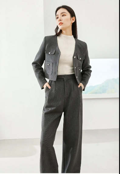 V-Neck Thick Cropped Two Pieces Elegant Wide Leg Pant Set And Jackets - Image 8