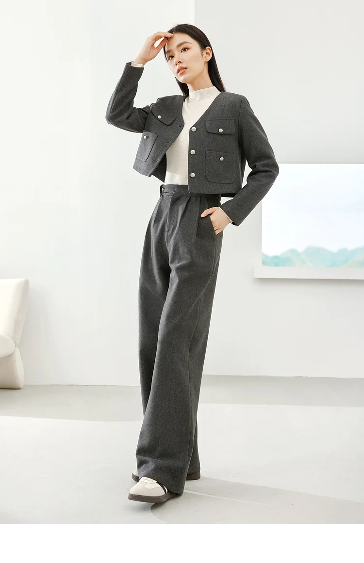 V-Neck Thick Cropped Two Pieces Elegant Wide Leg Pant Set And Jackets - Image 7