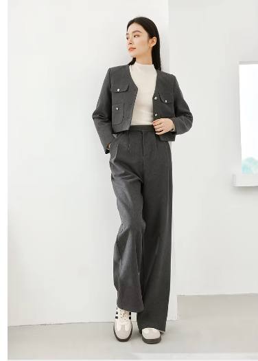 V-Neck Thick Cropped Two Pieces Elegant Wide Leg Pant Set And Jackets - Image 6