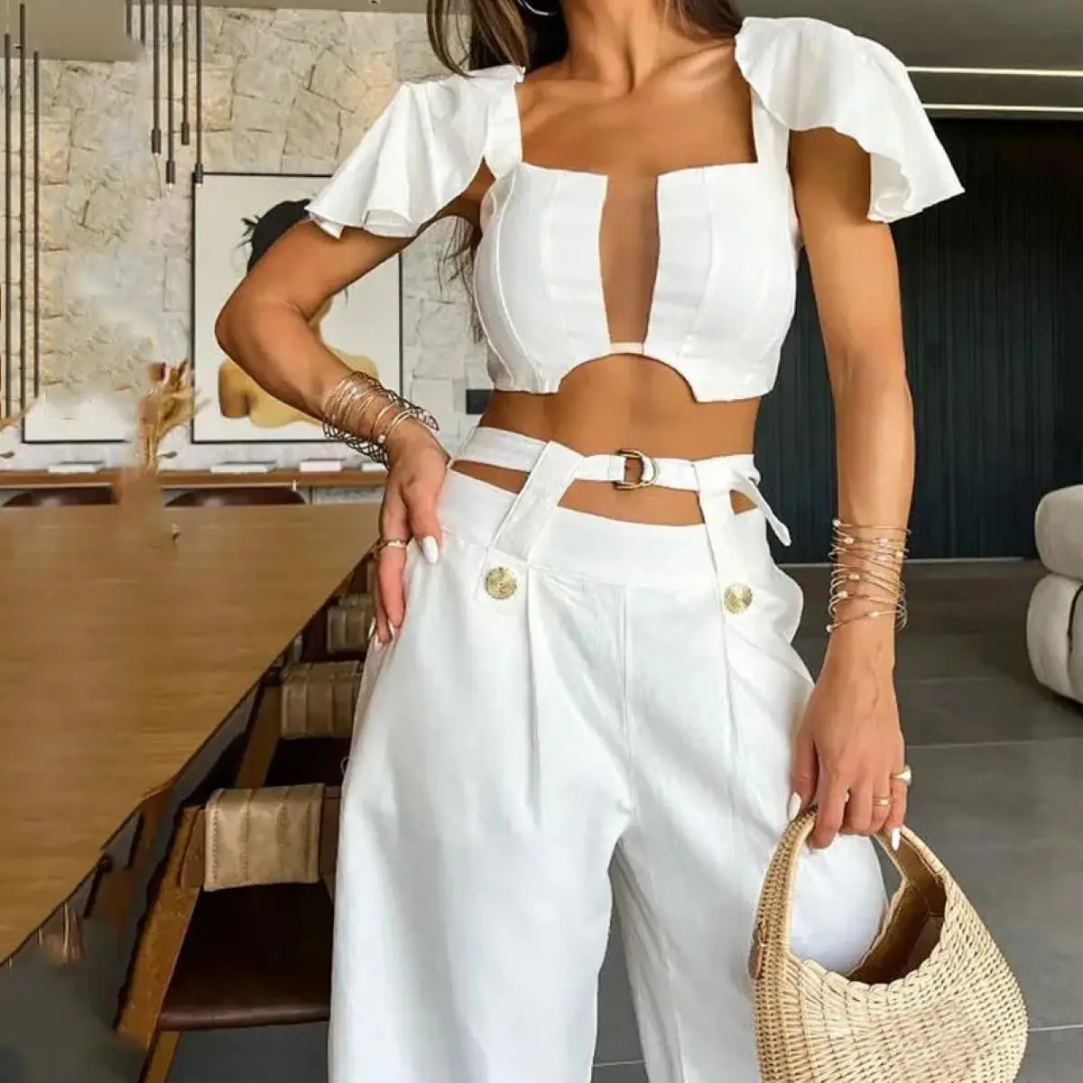 V Square Collar Two Piece Set Elegant And Vintage Top And Wide Pants Suits - Image 4