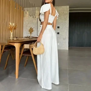 V Square Collar Two Piece Set Elegant And Vintage Top And Wide Pants Suits