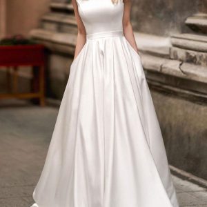 Vintage A Line Bateau Neck Sleeveless Floor Length Satin Bridal Wedding Gown