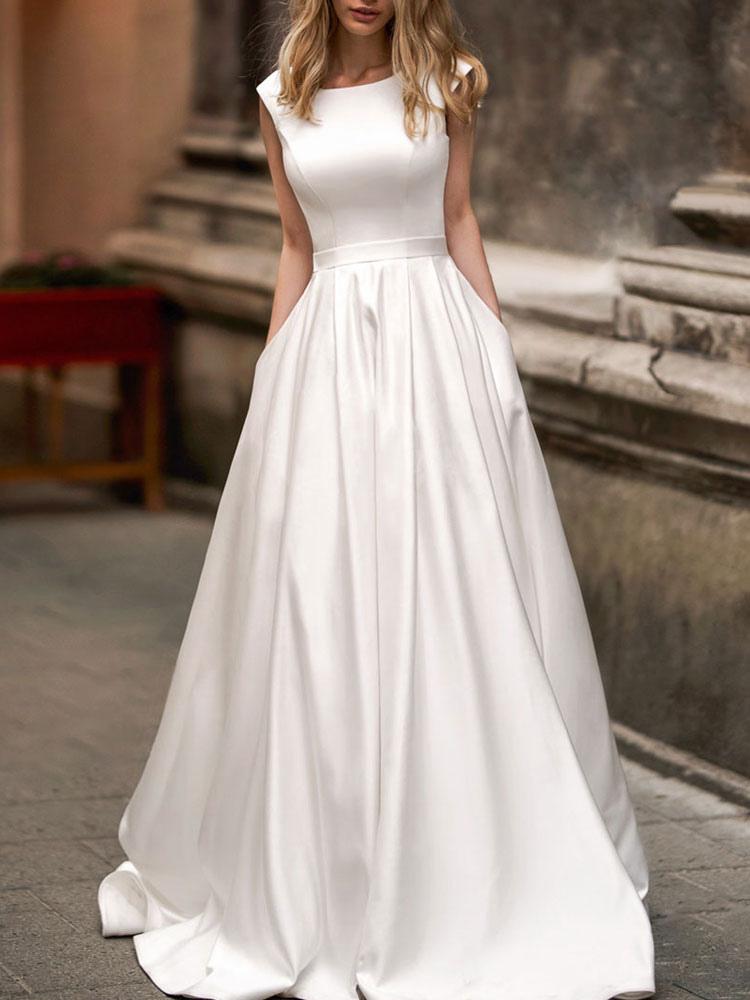 Vintage A Line Bateau Neck Sleeveless Floor Length Satin Bridal Wedding Gown