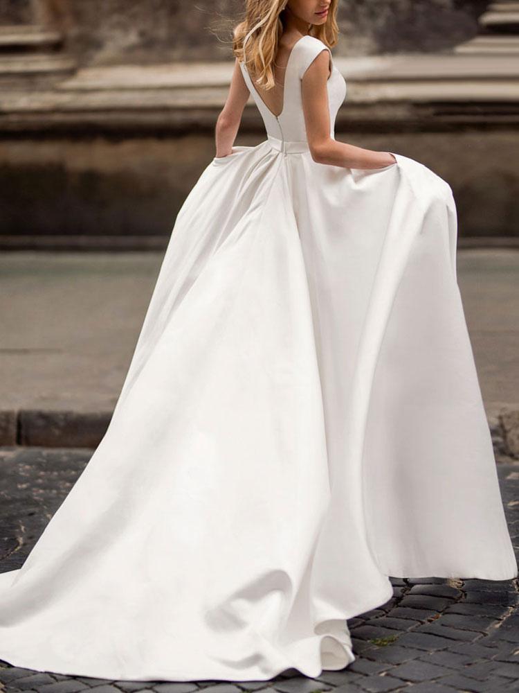 Vintage A Line Bateau Neck Sleeveless Floor Length Satin Bridal Wedding Gown - Image 5