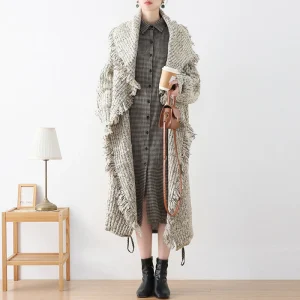 Vintage Knitted Tassel Lapel Open Stitch Loose Pockets Long Outwear Sweater