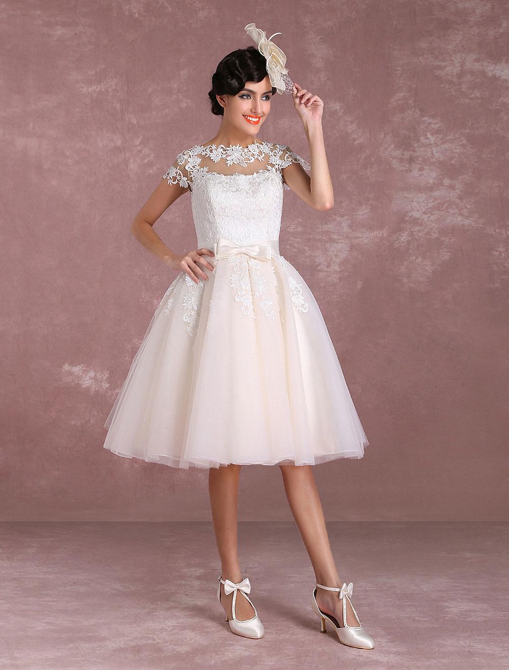 Vintage Lace Applique Illusion Bow Sash Short Sleeve Bridal Wedding Dress - Image 3