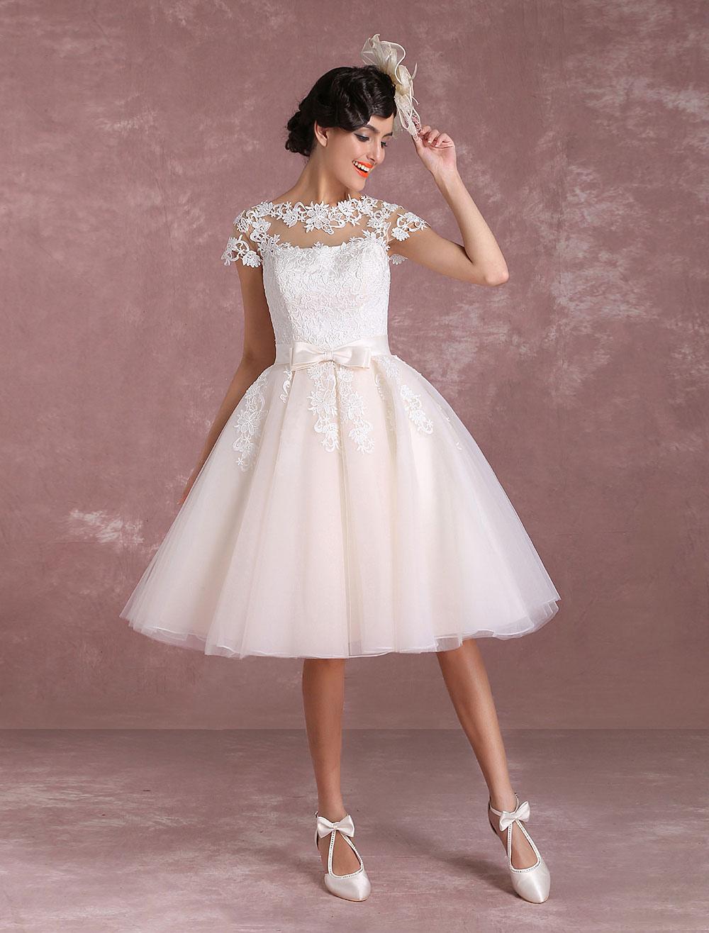 Vintage Lace Applique Illusion Bow Sash Short Sleeve Bridal Wedding Dress - Image 4