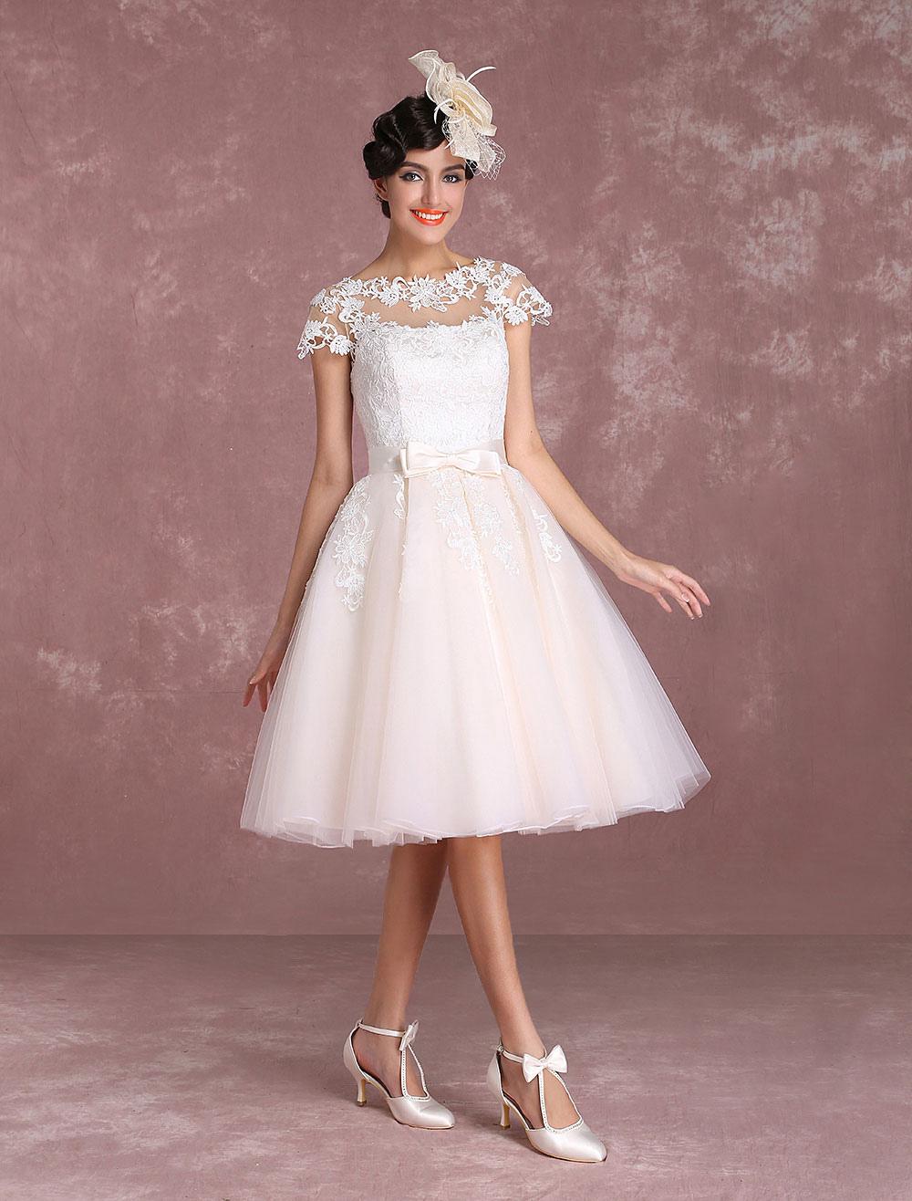 Vintage Lace Applique Illusion Bow Sash Short Sleeve Bridal Wedding Dress - Image 6