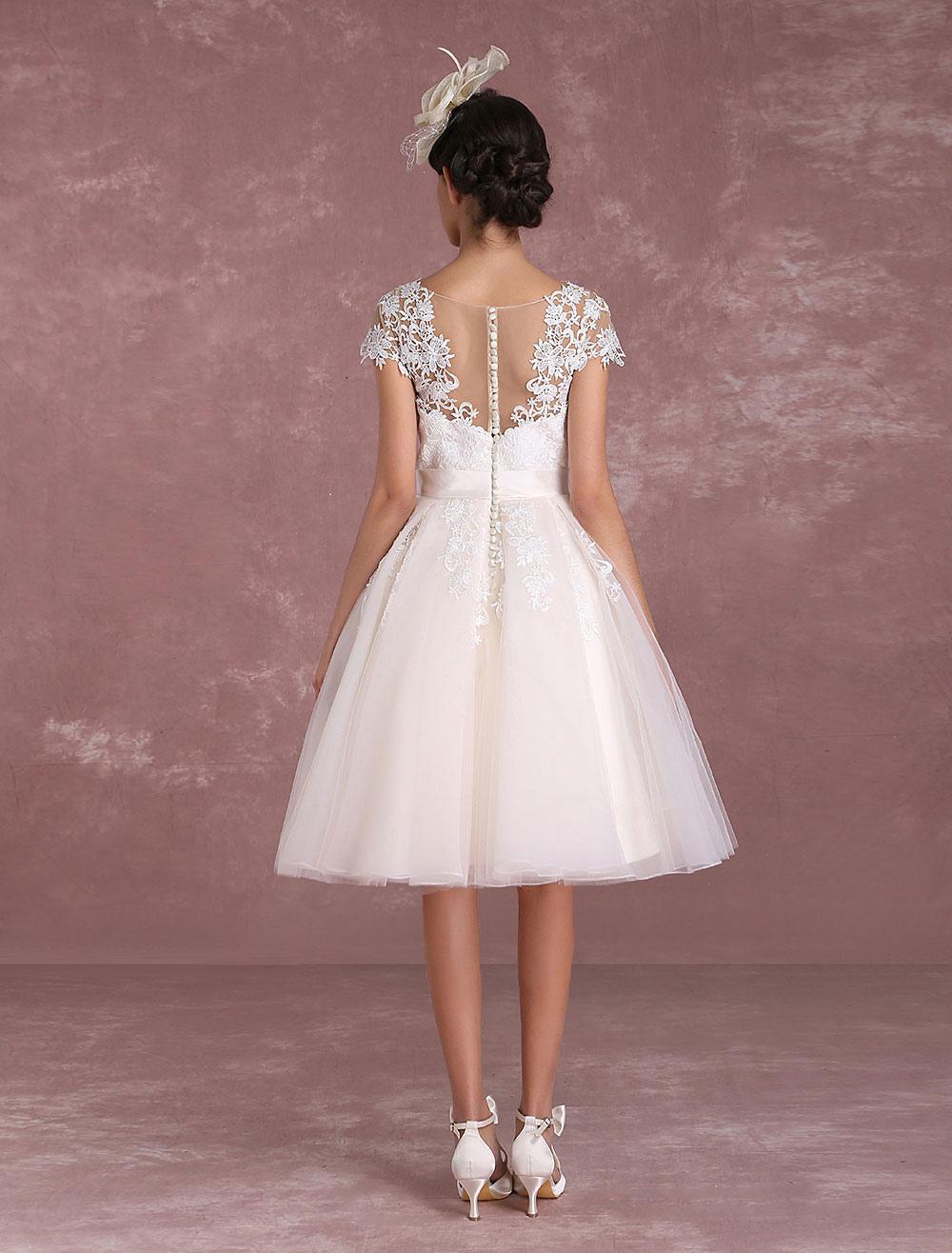 Vintage Lace Applique Illusion Bow Sash Short Sleeve Bridal Wedding Dress - Image 7