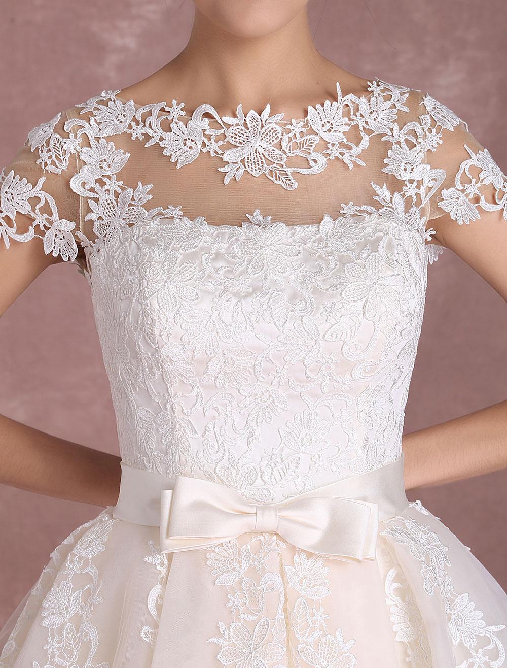 Vintage Lace Applique Illusion Bow Sash Short Sleeve Bridal Wedding Dress - Image 8