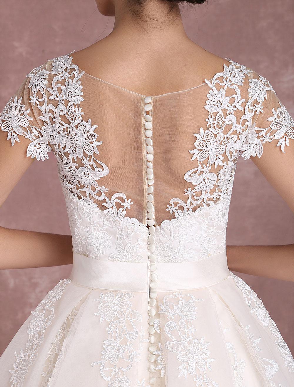 Vintage Lace Applique Illusion Bow Sash Short Sleeve Bridal Wedding Dress - Image 9