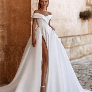 Vintage With Train Off-The-Shoulder Short Sleeves Split Front Satin Fabric Bridal Gowns