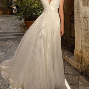 A-Line Pattern Floor-Length V-Neck Pleated Dress