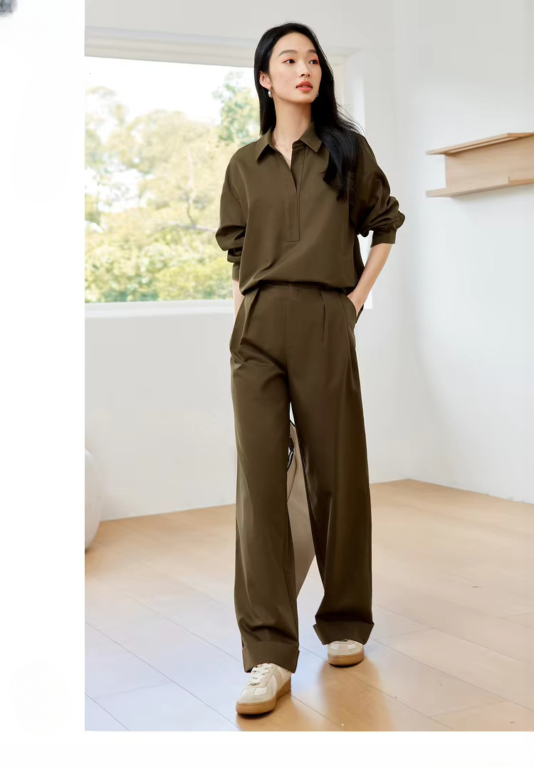 Full Sleeve Pullover Commuter Set Solid Elegant Top Pants And Suit - Image 2