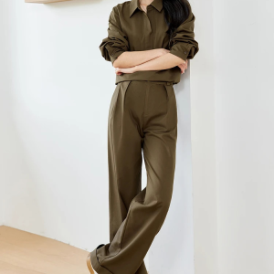 Full Sleeve Pullover Commuter Set Solid Elegant Top Pants And Suit