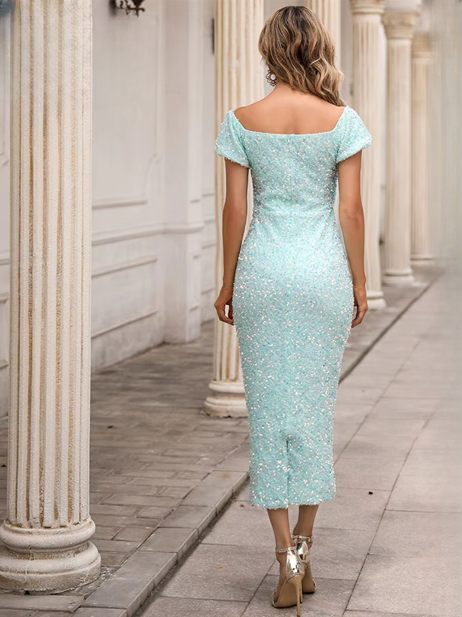 Sequin Short Sleeve Square Collar Bodycon Prom Gown Elegant Midi Dresses - Image 7