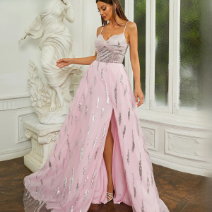 A-Line Sequin Thigh Split Spaghetti Strap Tutu Elegant Party Maxi Dresses