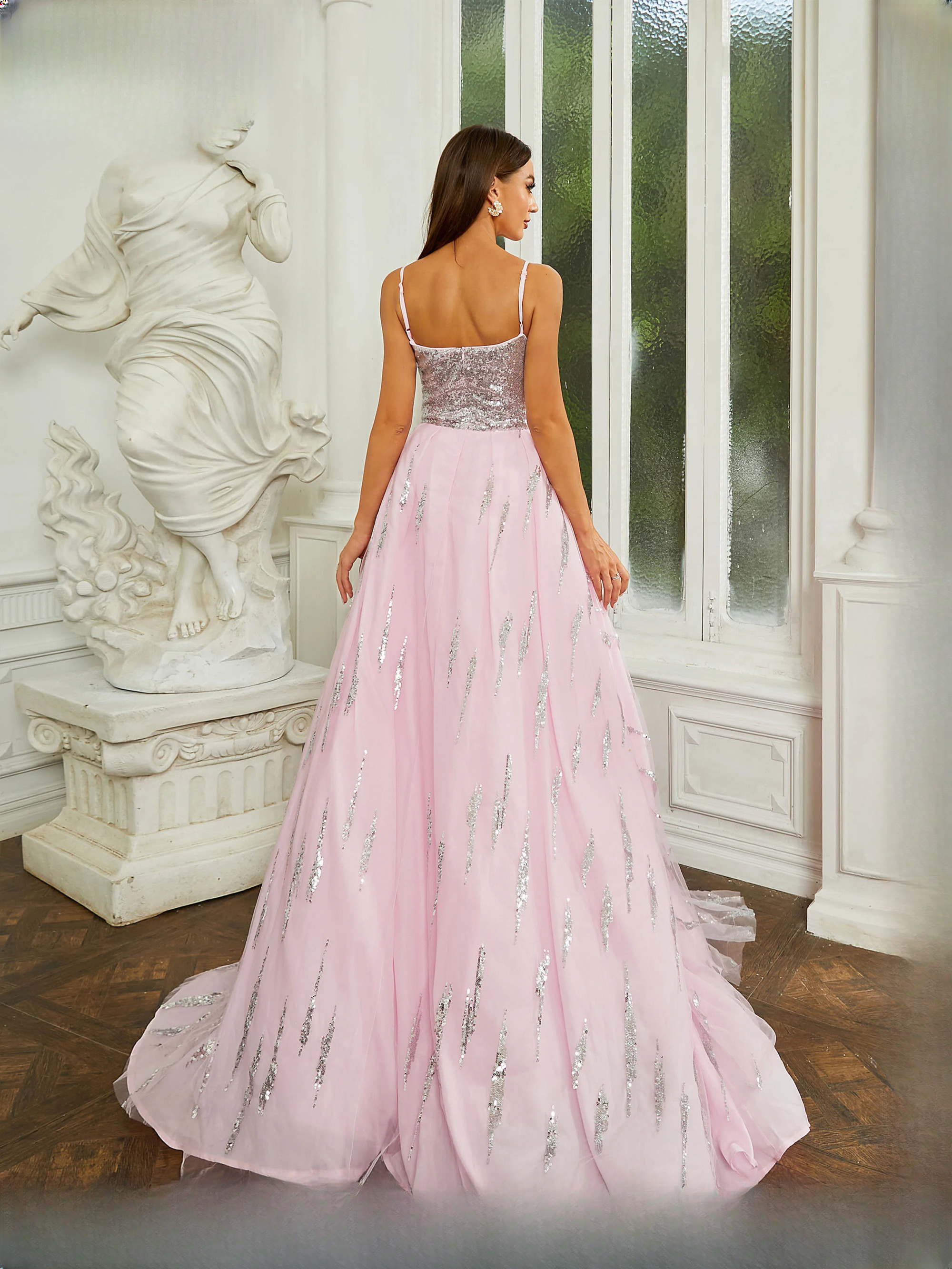 A-Line Sequin Thigh Split Spaghetti Strap Tutu Elegant Party Maxi Dresses - Image 6