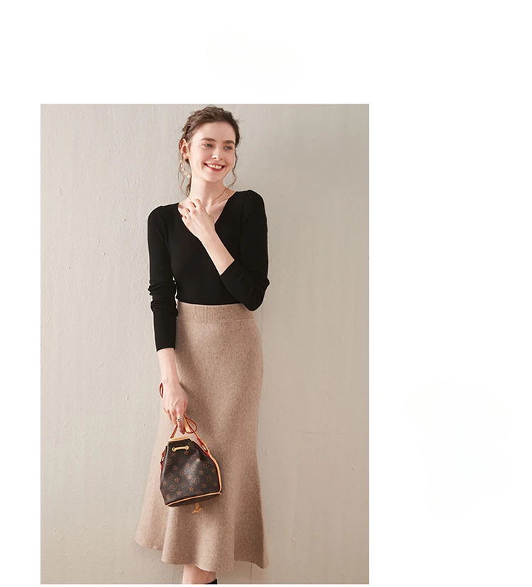 Knitted Fashion Long Dresses Solid Elegant And Vintage Midi Skirts - Image 2