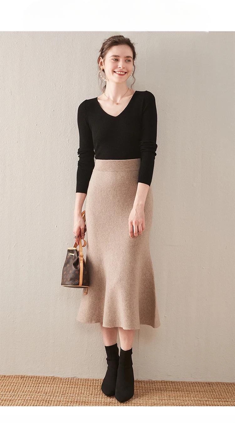 Knitted Fashion Long Dresses Solid Elegant And Vintage Midi Skirts - Image 4