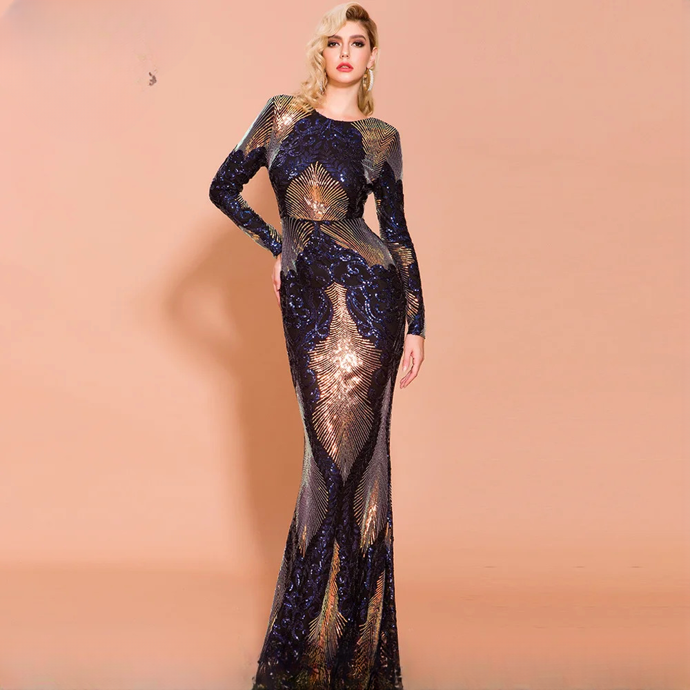 O Neck Sequins Backless Prom Long Sleeve Bodycon Vintage Party Maxi Dresses - Image 2
