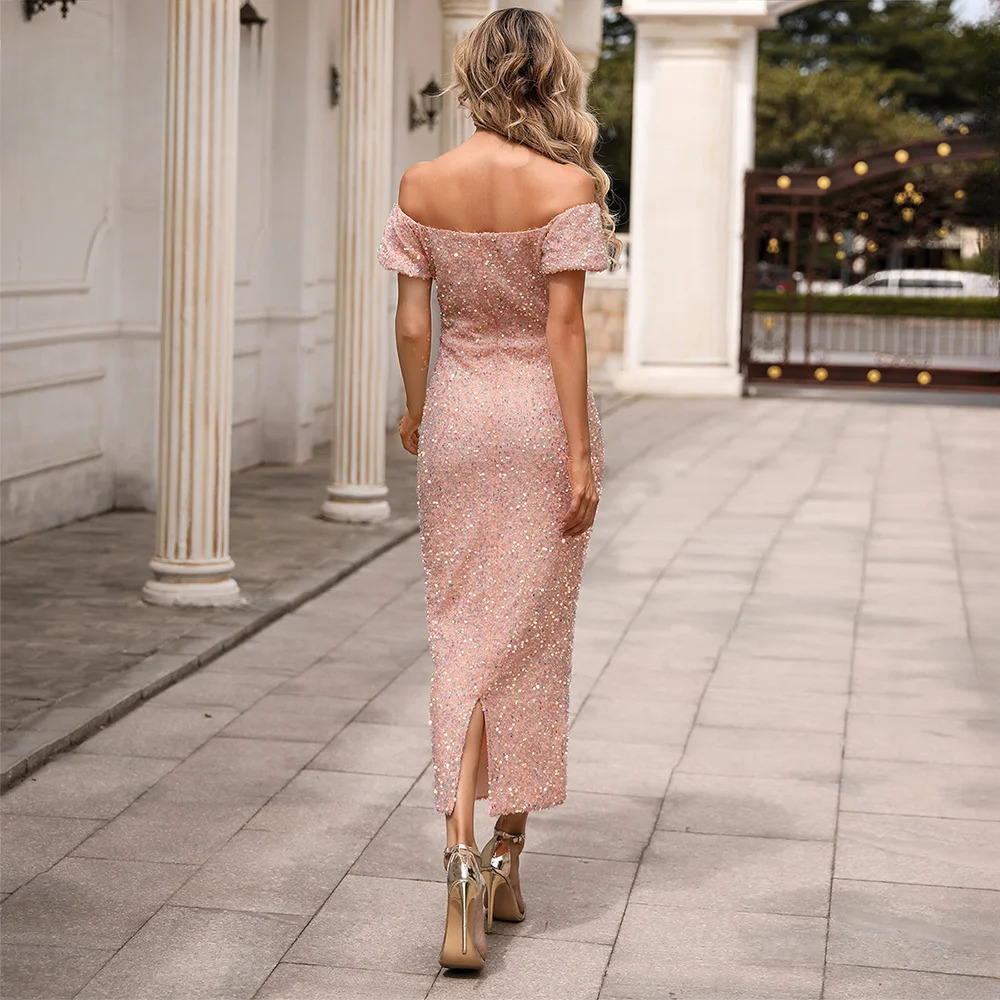 Sequin Short Sleeve Square Collar Bodycon Prom Gown Elegant Midi Dresses - Image 11