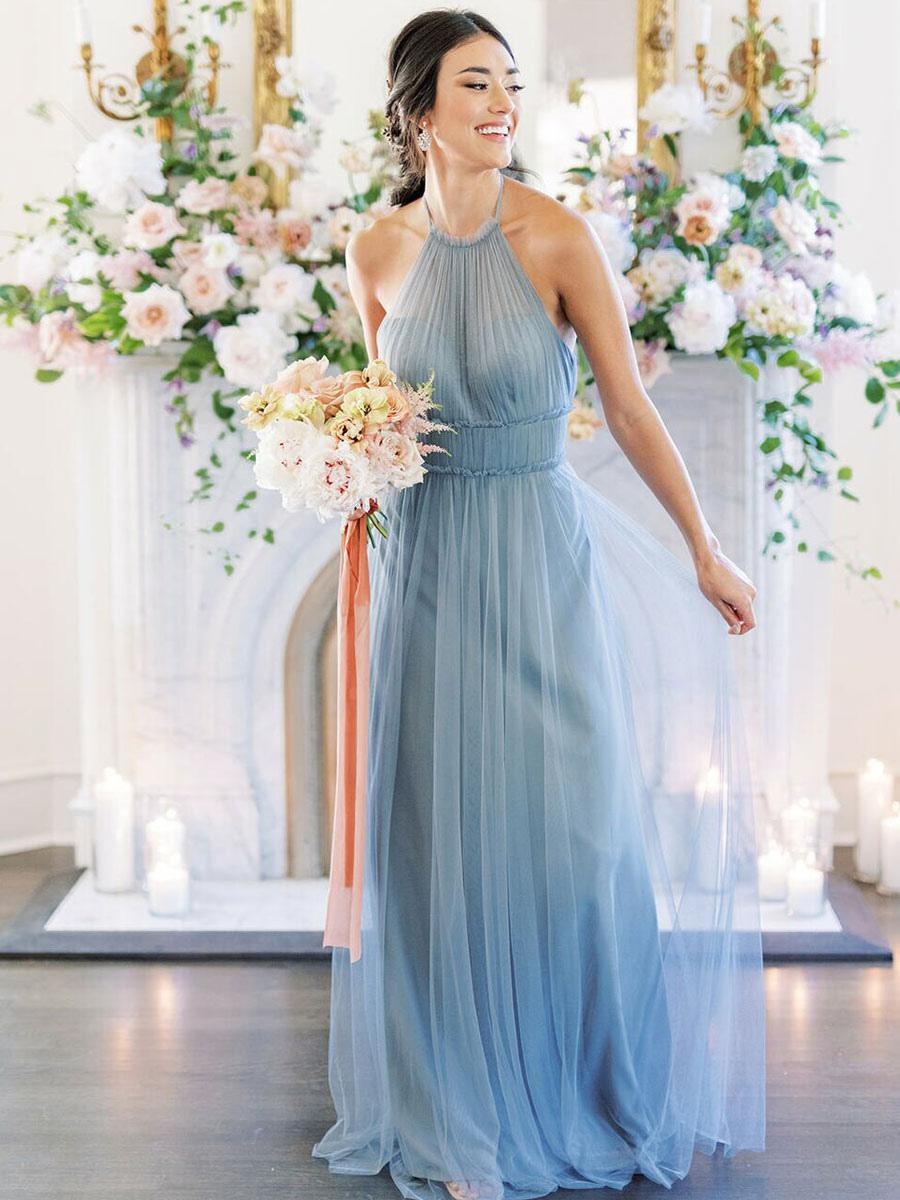 Jewel Neck Fashion Floor-Length A-Line Sleeveless Bridesmaid Dress - Image 3