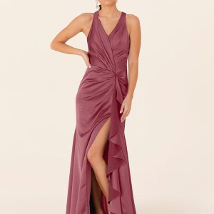 Satin Fabric Sheath Floor-Length Formal Bridesmaid Dresses