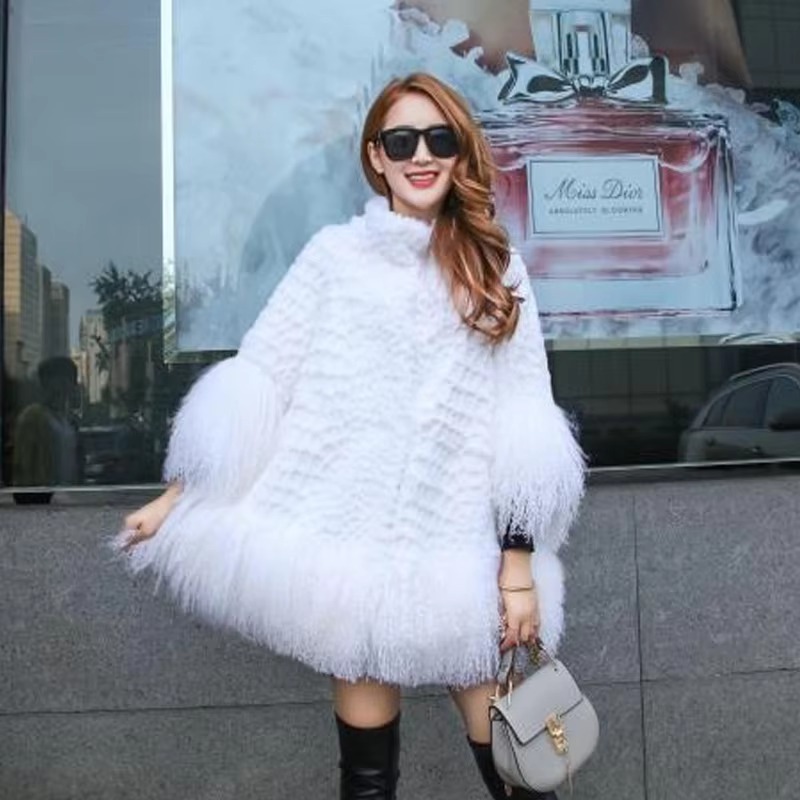 Casual With Mongolia Sheep Fur Sleeve Natural Rabbit Fur Coat - Image 9