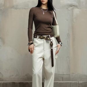 Casual Acrylic Ribbed Long Slight Stretch T-shirt