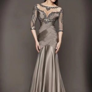 Casual 3/4 Sleeves Mermaid Scoop Chiffon Beaded Plus Size Long Groom Mother For Wedding Dresses