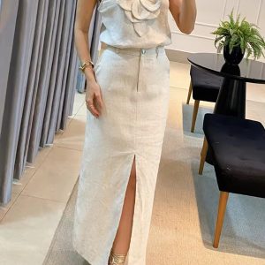 Casual 3D Flower Hanging Strap Top Pocket Half Skirt Two Piece Set