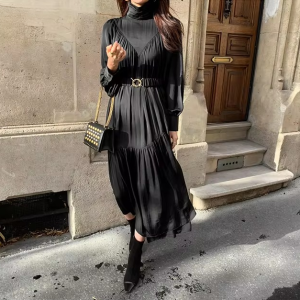 Elegant Turtleneck Long Sleeve A-line Loose Midi Dress