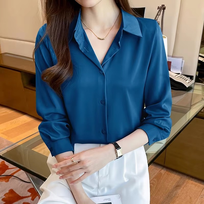 Casual Acetate Turn-down Collar Long Sleeve Satin Shirts - Image 3