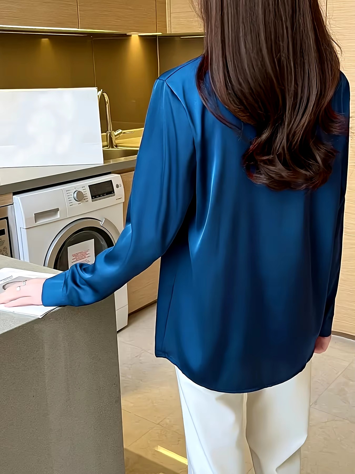 Casual Acetate Turn-down Collar Long Sleeve Satin Shirts - Image 4