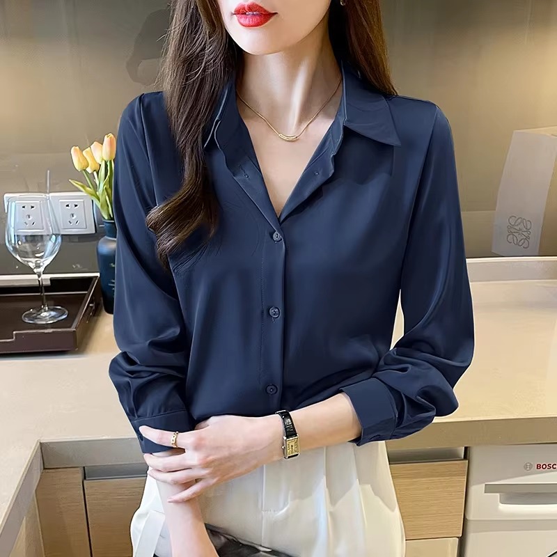 Casual Acetate Turn-down Collar Long Sleeve Satin Shirts - Image 8