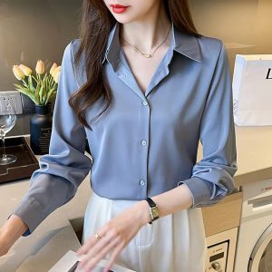 Casual Acetate Turn-down Collar Long Sleeve Satin Shirts