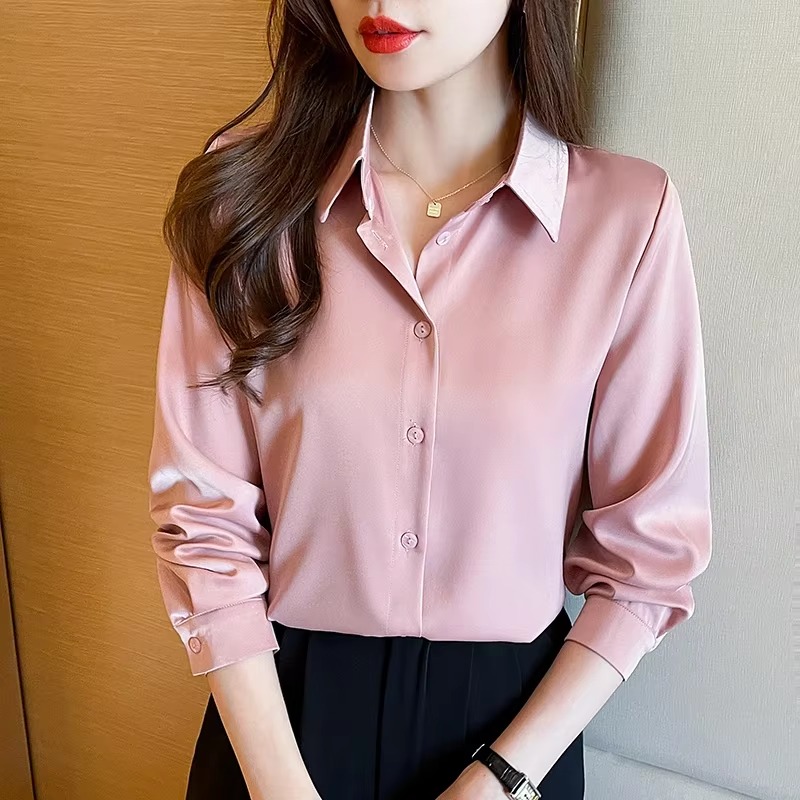 Casual Acetate Turn-down Collar Long Sleeve Satin Shirts - Image 7