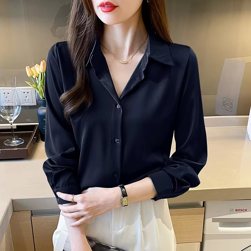 Casual Acetate Turn-down Collar Long Sleeve Satin Shirts - Image 9