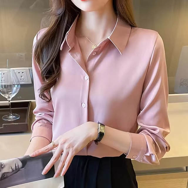 Casual Acetate Turn-down Collar Long Sleeve Satin Shirts - Image 6