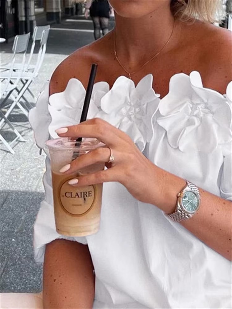 Casual Beautiful Flower Off-Shoulder Appliques Vintage Shirts Blouse Tops - Image 2