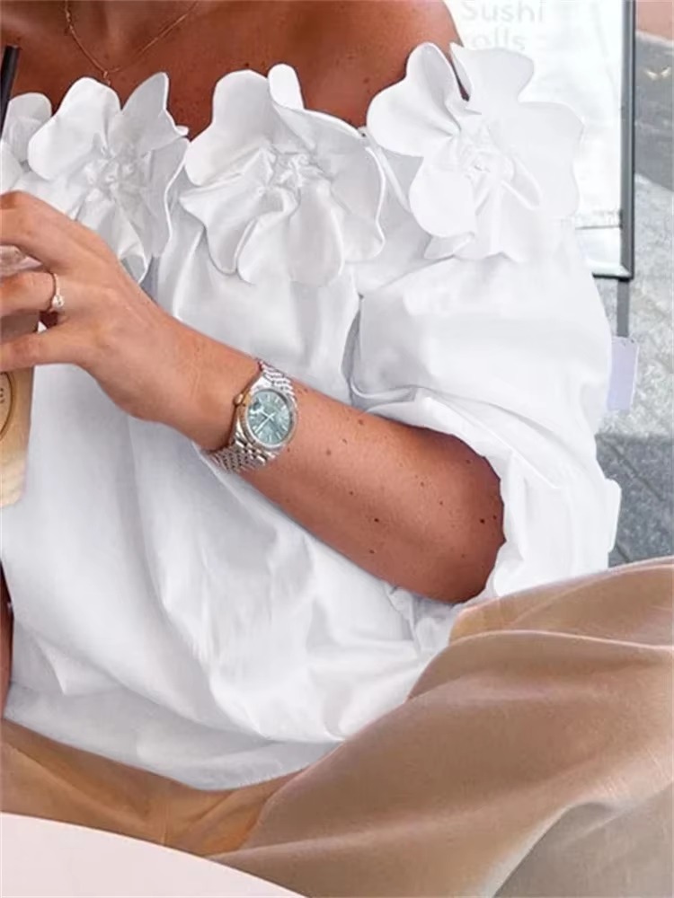 Casual Beautiful Flower Off-Shoulder Appliques Vintage Shirts Blouse Tops - Image 3