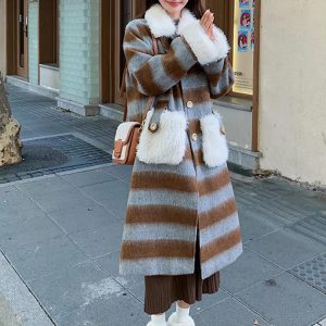 Casual Blocked Lamb With Pockets Wool Patchwork Retro Striped Woolen Coat