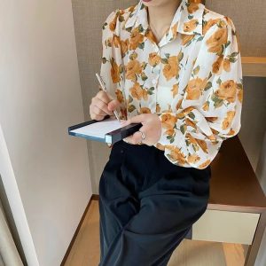 Casual Chiffon Single Button Painting Slight Stretch Shirt Blouse