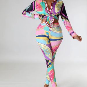 Casual Chain Printing Full Sleeve Single Breasted Sports Suit Two Piece Set