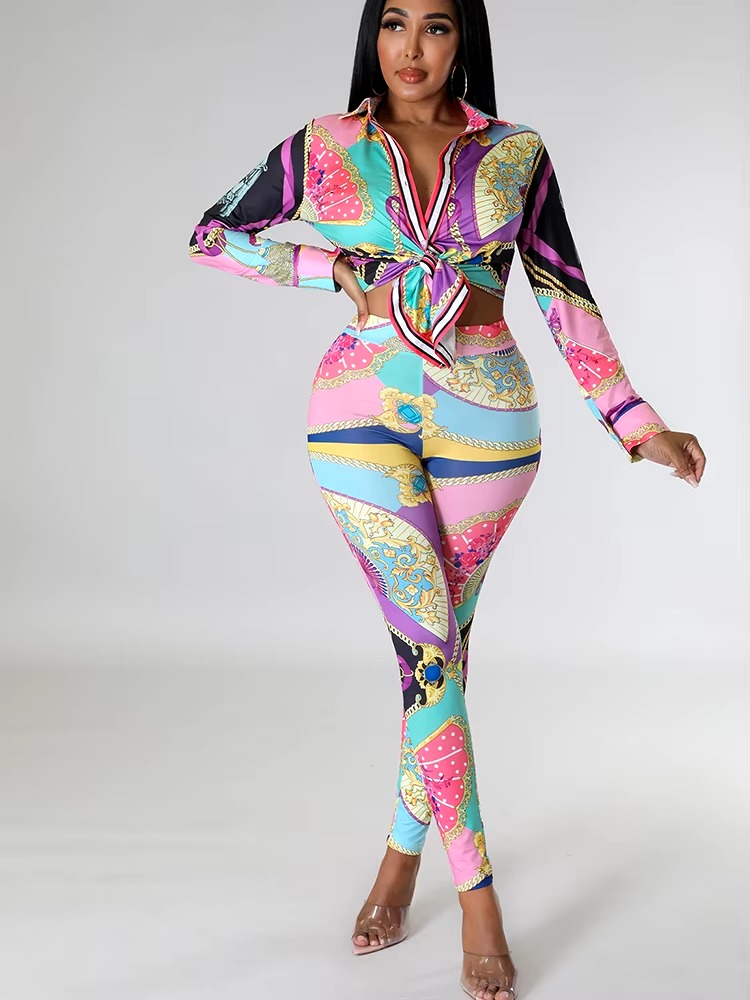 Casual Chain Printing Full Sleeve Single Breasted Sports Suit Two Piece Set