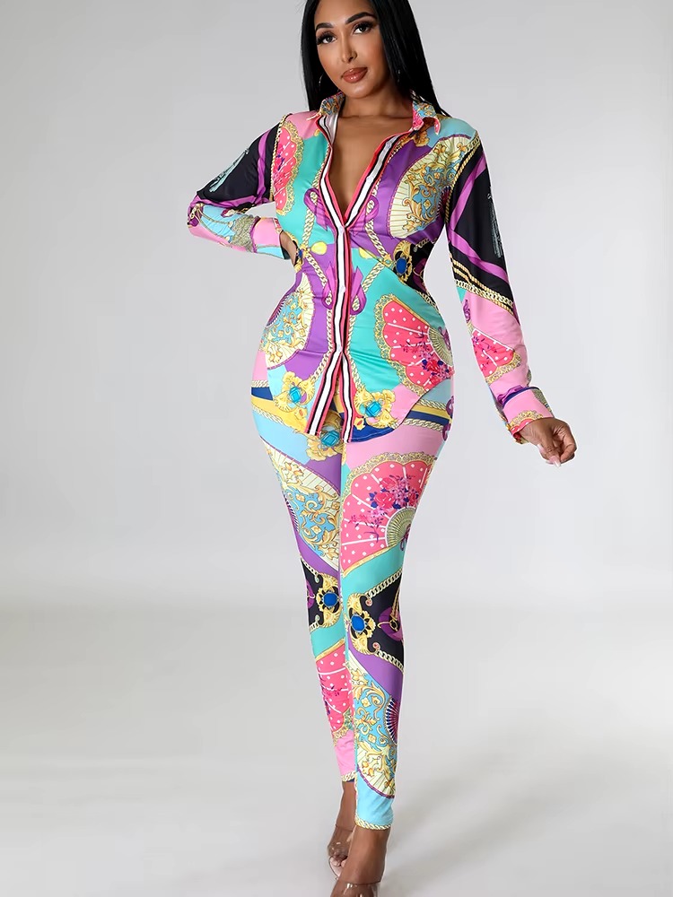 Casual Chain Printing Full Sleeve Single Breasted Sports Suit Two Piece Set - Image 3