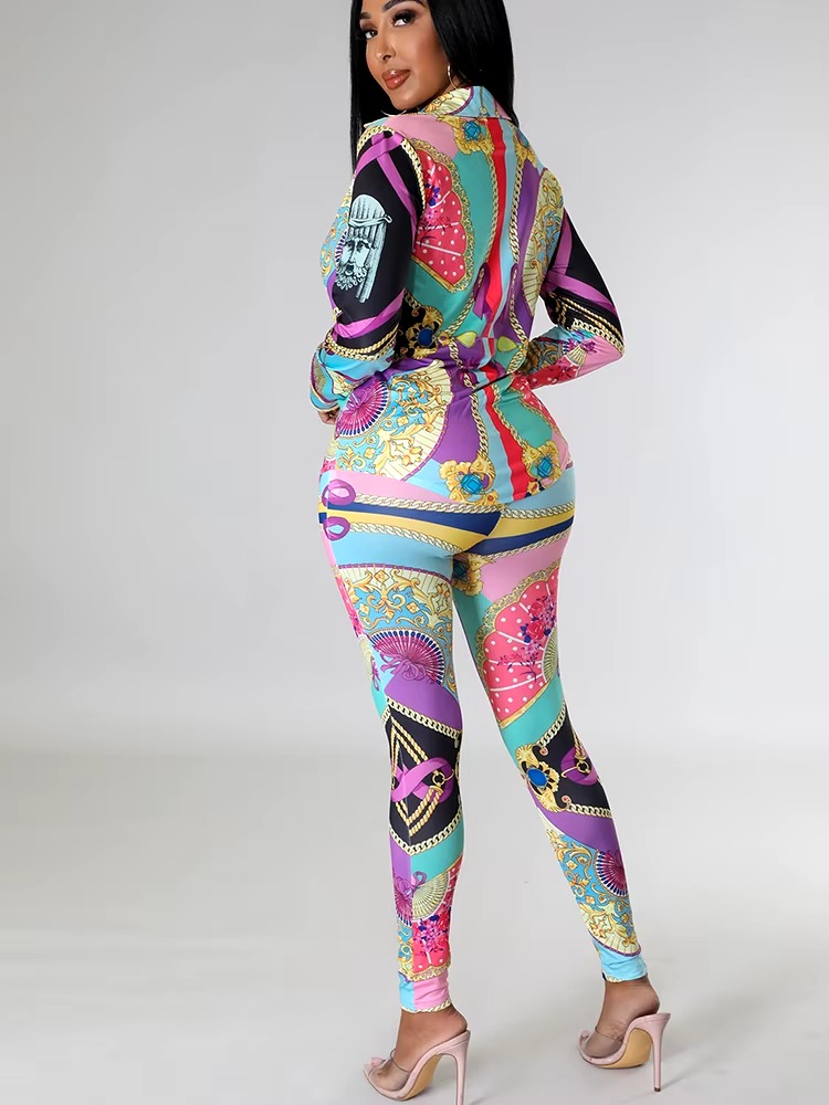 Casual Chain Printing Full Sleeve Single Breasted Sports Suit Two Piece Set - Image 4