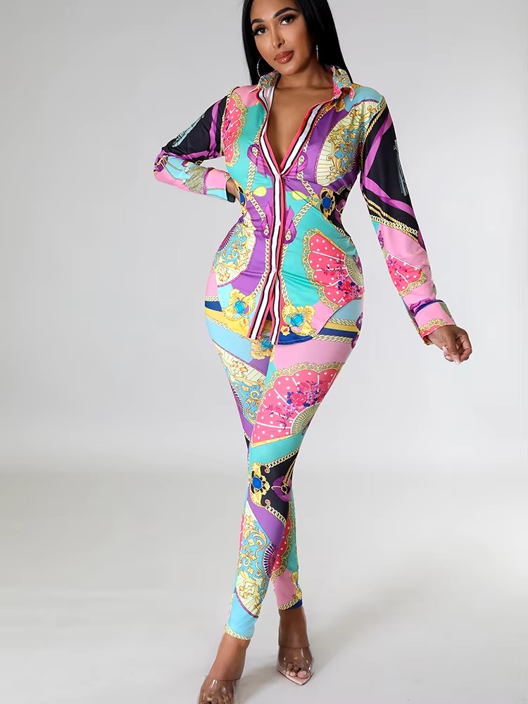 Casual Chain Printing Full Sleeve Single Breasted Sports Suit Two Piece Set - Image 2